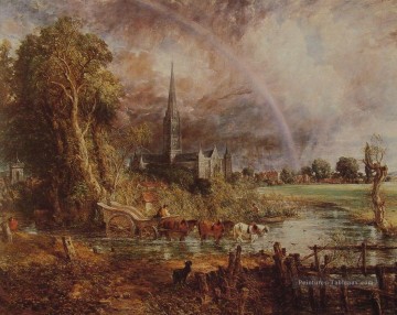 Cathédrale de Salisbury du paysage romantique Meadows John Constable stream Peinture à l'huile